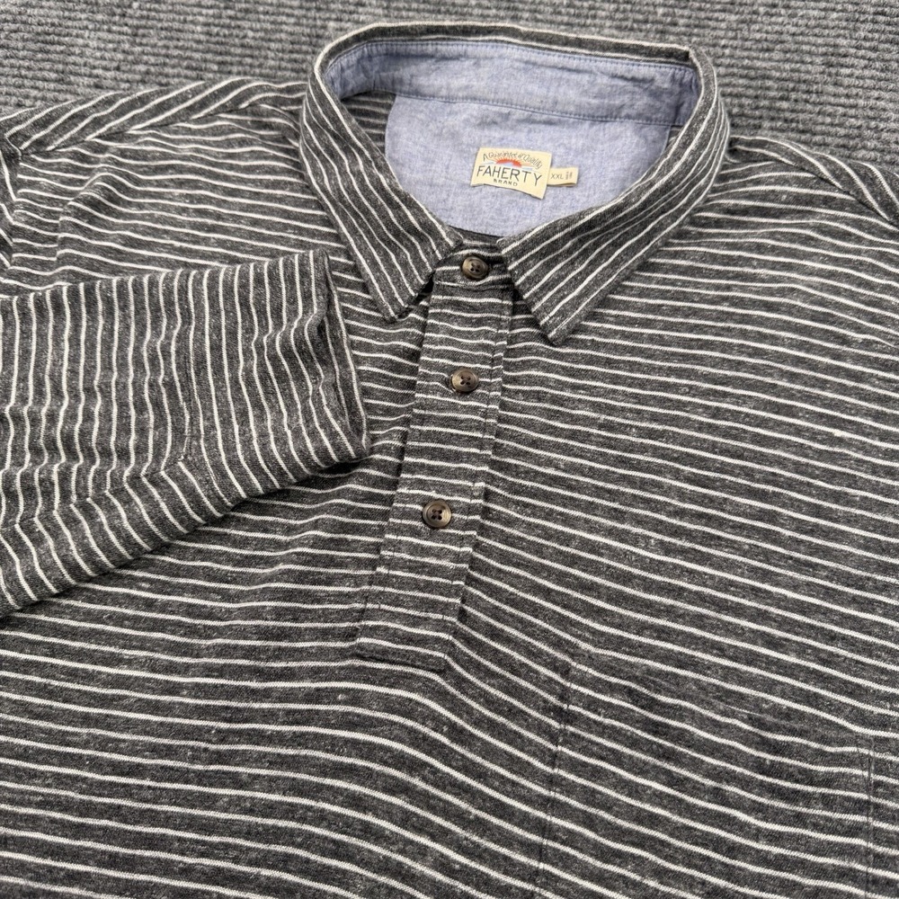 Faherty Polo Shirt Men's Size 2XL Long Sleeve Gray White‎ Striped Organic Cotton
